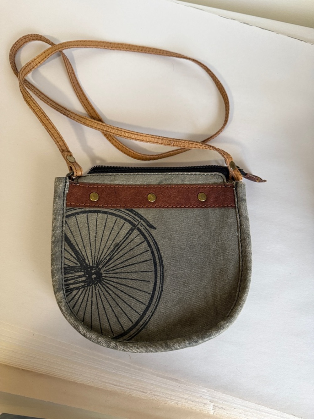 Mona B Gray Canvas Crossbody with Brown Trim and Bicycle Print‎